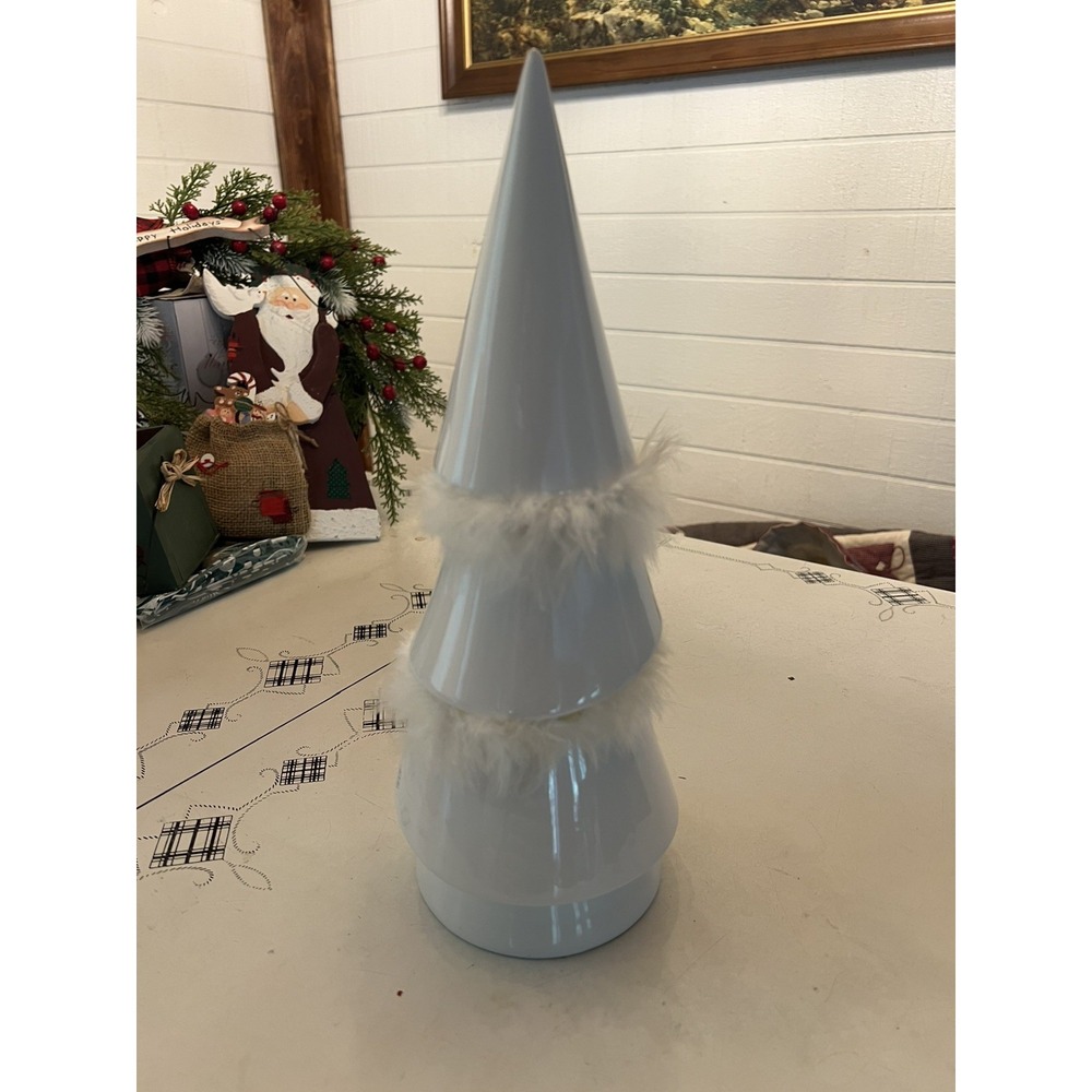Elegant 13.5" White Ceramic Christmas Tree accented with Faux Fur